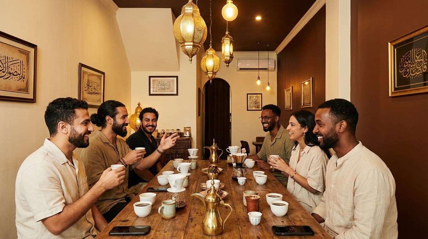 Friends around a long table sharing Arabic coffee from a brass dallah